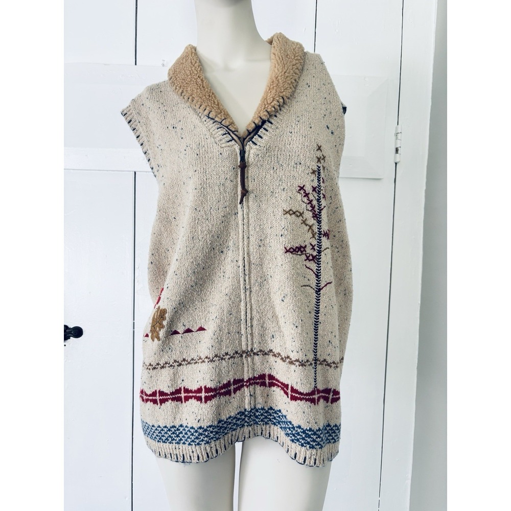 Vintage Teddi Sweater Vest Women's 2X Cream Zippered Leaves Fall Grannycore